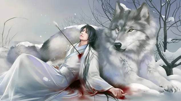 Dode krijger en witte wolf
