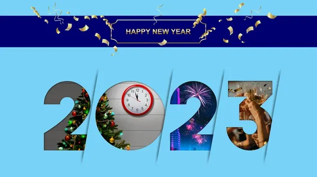 Pohon pinus yang dihias dan jam untuk perayaan tahun baru yang ditulis pada tahun 2023