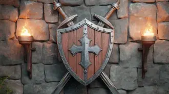 Escudo e espadas medievais decorativos na parede do castelo 2K papel de parede