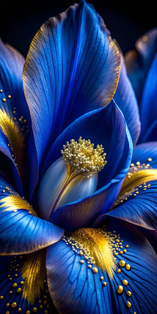 Stami color cobalto intenso con polline dorato su sfondo nero opaco 2K sfondo