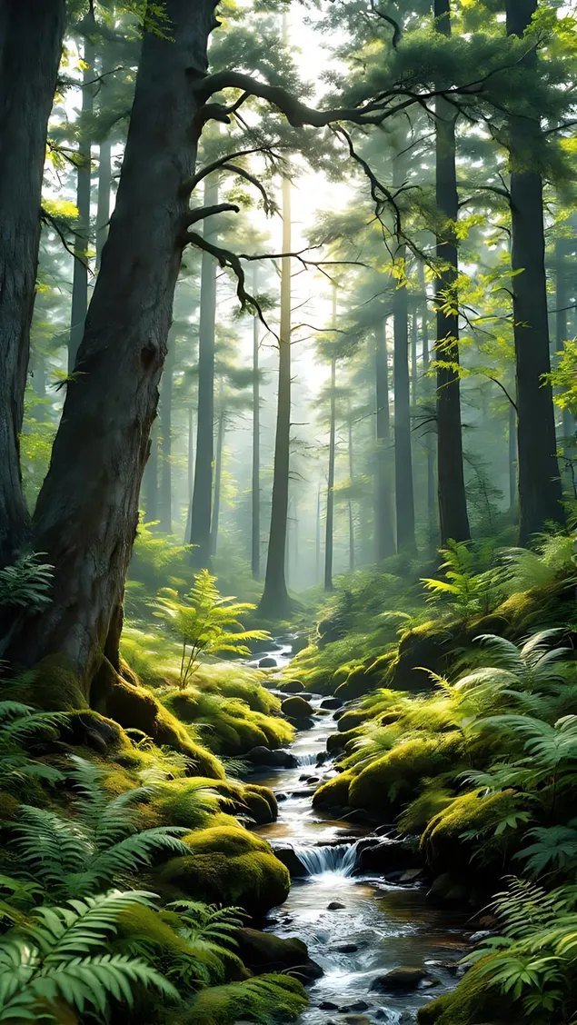 Floresta verdejante com riacho coberto de musgo 2K papel de parede