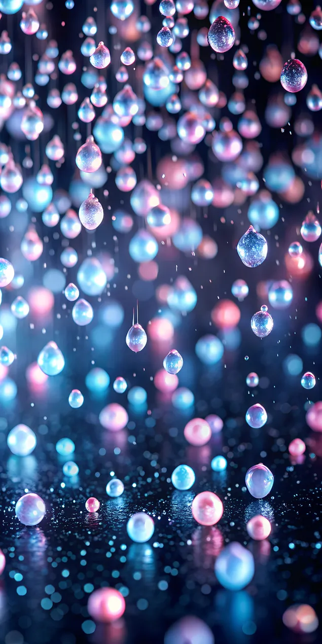 Delikate pastel-reëndruppels in pienk, blou en laventel met Stardust Glow op Swart 2K muurpapier