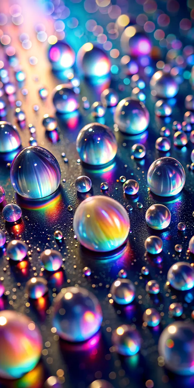 Zarte pastellfarbene Regentropfen in Pink, Blau und Lavendel mit Sternenstaub-Leuchten auf der Oberfläche. HD Hintergrundbild