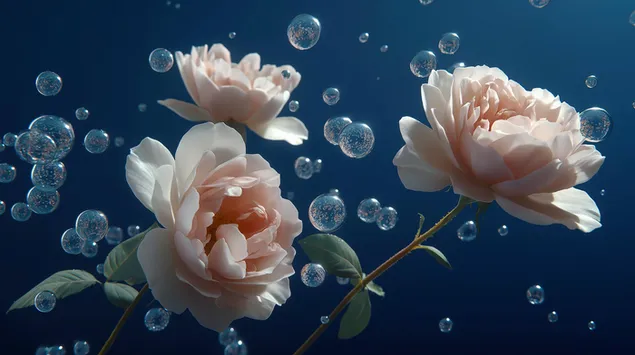 Delikatne różowe róże i bąbelki dryfujące w błękitnych głębinach 2K tapeta