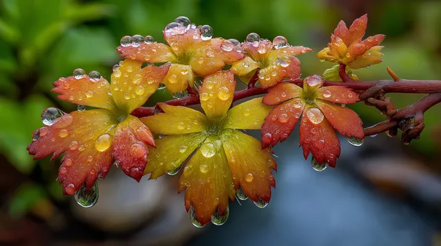 cabang tanaman halus dengan bunga yang tertutupi tetesan hujan unduhan