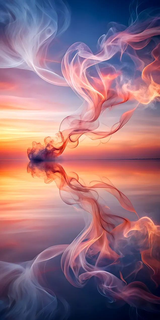 Delikatne czerwone smugi dymu zamrożone w ruchu nad ciepłym morzem o zachodzie słońca 2K tapeta