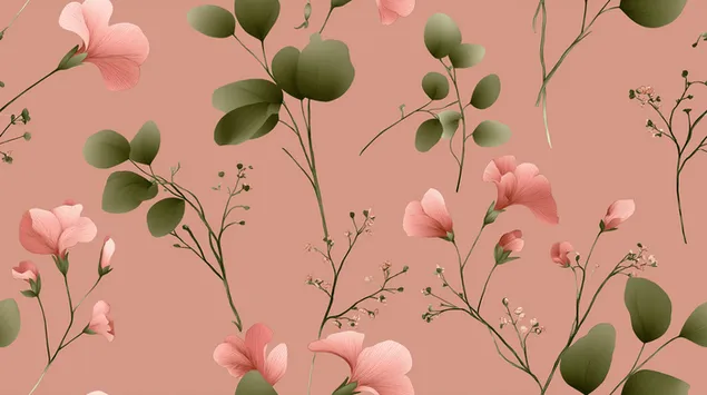 精致的水彩花卉图案，粉色和绿色 2K 壁纸
