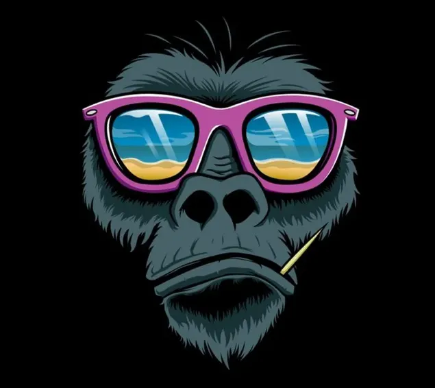 Gambar monyet yang menyenangkan memegang tusuk gigi di mulutnya memakai kacamata berwarna merah muda unduhan