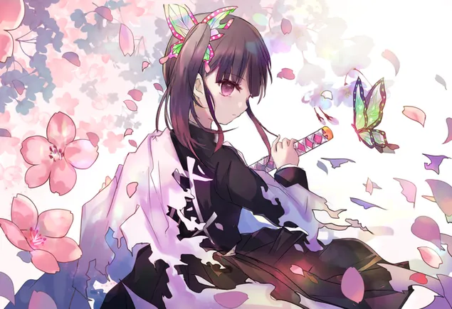 Demon Slayer Kanao met bloem en vlinder achtergrond