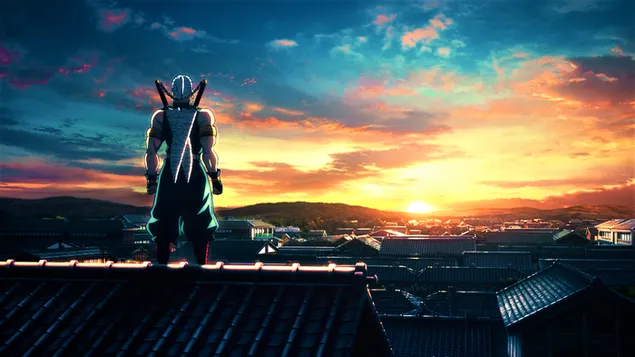 Cazador de demonios: kimetsu no tengen uzui mira la puesta de sol 4K fondo de pantalla