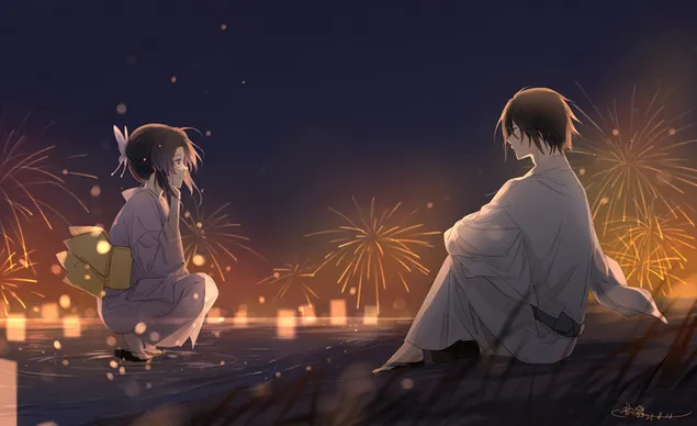 Demon slayer: kimetsu no yaiba giyuu tomioka and shinobu kochou watching a fireworks display