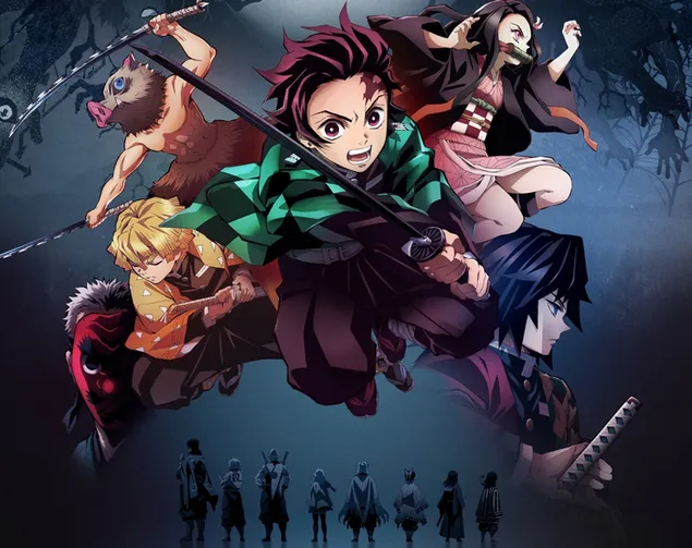 Demon Slayer: Kimetsu No Yaiba - Inosuke Hashibira, Tanjirou Kamado, Nezuko Kamado, Zenitsu Agatsuma e Giyuu Tomioka HD sfondo