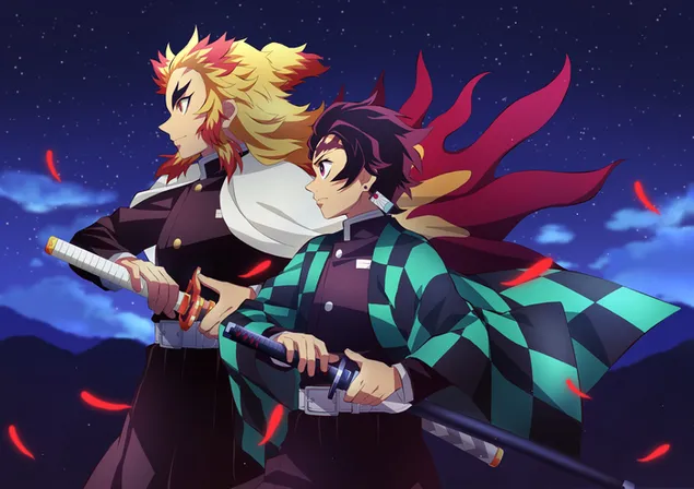 Cazador de demonios: kimetsu no yaiba kyojuro rengoku tanjiro kamado preparándose para la guerra 4K fondo de pantalla