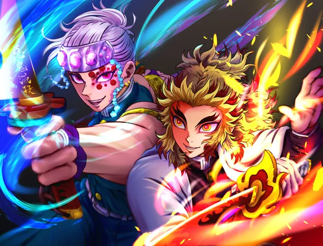 恶魔杀手：kimetsu no yaiba kyojuro rengoku tengen uzui 一起战斗 4K 壁纸