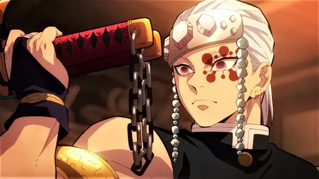 Hình nền Kẻ giết quỷ: kimetsu no yaiba tengen uzui nhìn chằm chằm vào khẩu súng của mình 4K