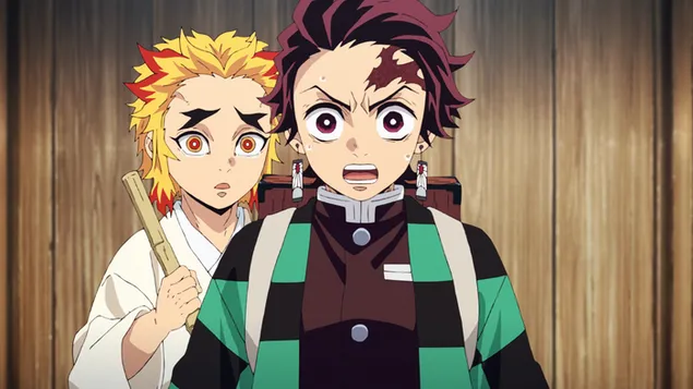 Taustakuva Demon Slayer: kyojuro rengoku hämmentynyt tanjiro kamado suuttui 4K