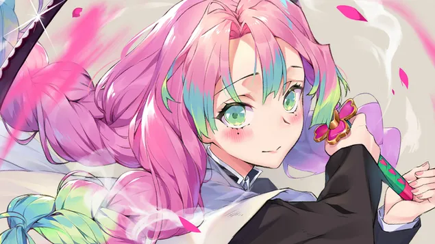 Anime-Mädchen aus der Demon Slayer-Manga-Serie, das Blumen mit rosafarbenen Augen mit langen Haaren hält