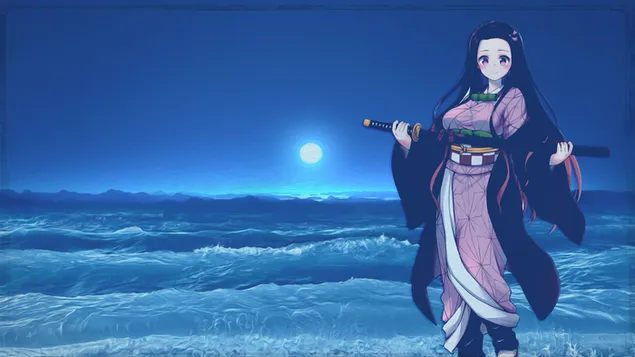 Demon Slayer - Nezuko Kamado At Ocean HD tapet