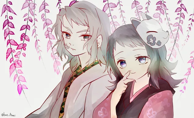 Pembunuh syaitan - Sabito dan Makomo di bawah bunga Wisteria merah jambu 2K kertas dinding