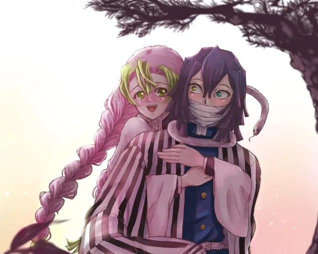 Sèrie Demon Slayer Kimetsu no Yaiba, un nen d'anime real rosa i una noia d'anime lligats a la seva boca 2K fons de pantalla