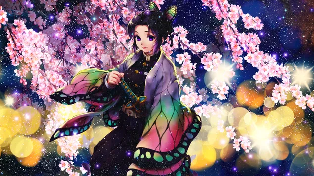 Hashira d'insectes shinobu kocho demonslayer en flors i llums 2K fons de pantalla