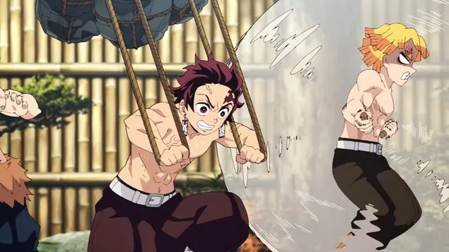 Demon slayer: tanjiro kamado og zenitsu agatsuma driver med sport 4K bakgrunn