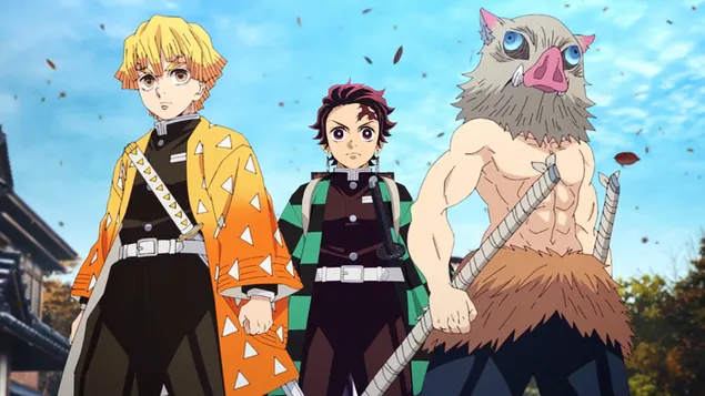 demon slayer: tanjiro kamado zenitsu agatsuma i inosuke hashibira baixada