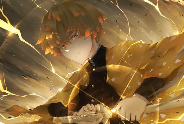 demon slayer zenitsu agatsuma 1. vorm trek swaard uit sy skede aflaai