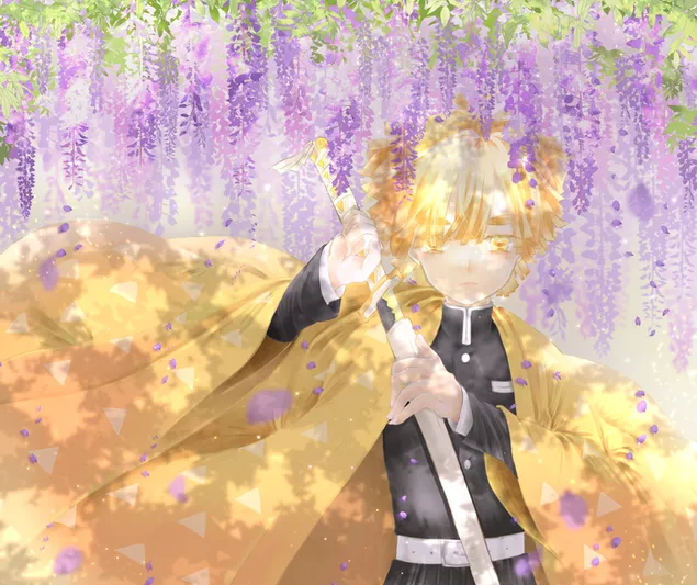 Vrasësi i demonëve: Zenitsu Agatsuma duke tërhequr shpatë 2K sfond