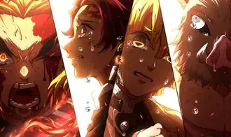 Ammazza demoni che piangono: Inosuke, Kyojuro, Tanjiro e Zenitsu 2K sfondo