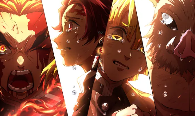 Ammazza demoni che piangono: Inosuke, Kyojuro, Tanjiro e Zenitsu 2K sfondo