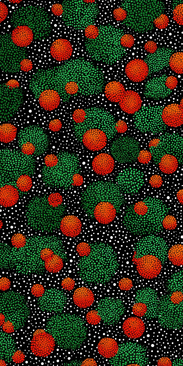 Sűrű absztrakt pontozott minta kör alakú gyümölcsökből és lombozatból HD háttérkép