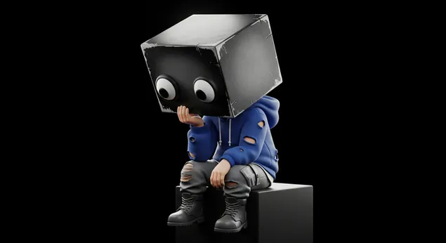 Tapeta Depresivní krabicová postava objímající kolena ve tmě a cítící se beznadějně pro pozadí plochy 4K