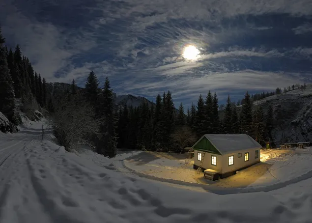 Der Mond scheint in der Winternacht hell herunterladen