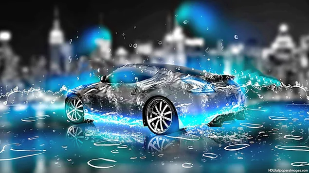 Design sportsvogn med blåt lys i regnvand HD tapet
