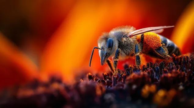 pamje makro e detajuar e nje blete mjalti mbi nje luledielli qe mbledh polen shkarkim
