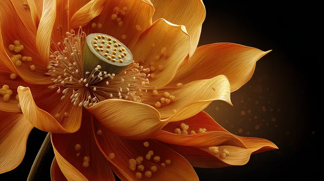 Tapeta podrobný, pomarančový, lotosový kvet, so, seed pod, na, tmavý 2K