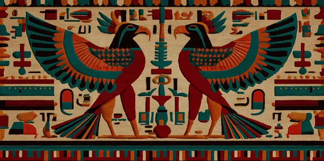Patró tèxtil detallat amb falcons egipcis bessons 2K fons de pantalla