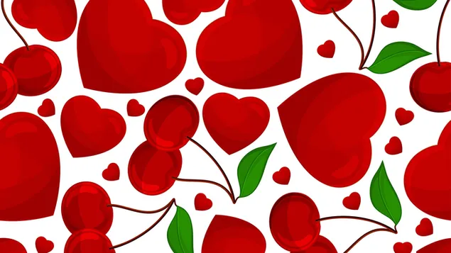 Día de San Valentín - corazones rojos artísticos y cerezas.