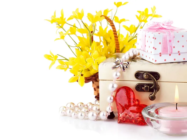 Día de San Valentín - flor de narcisos y regalos
