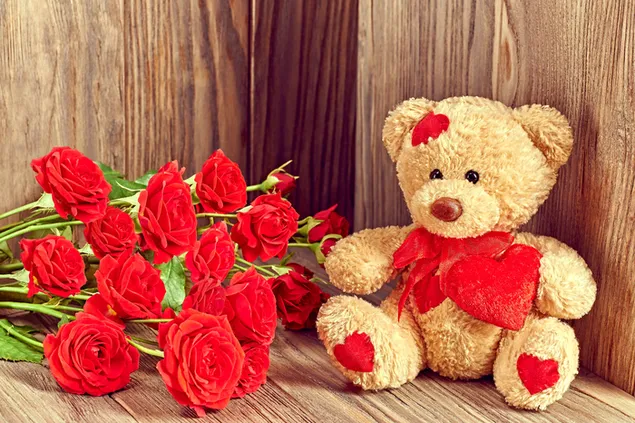 Día de San Valentín - lindo peluche y rosas rojas