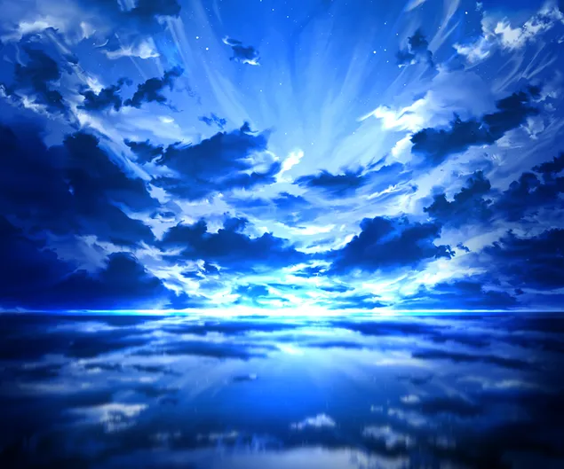 Dibentuk oleh pantulan awan dan cahaya anime dalam rona biru