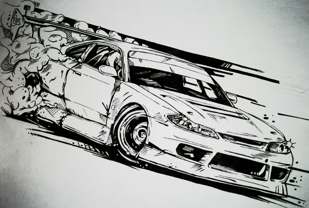 Dibujo a lápiz de coche Dirft en el fondo de colores blanco y negro