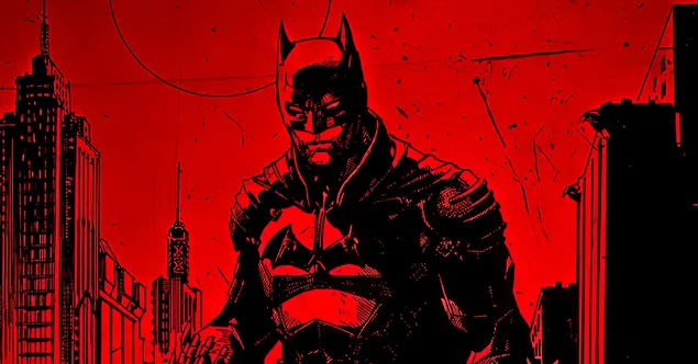 Dibujo a lápiz de la película de superhéroes The batman sobre un fondo rojo