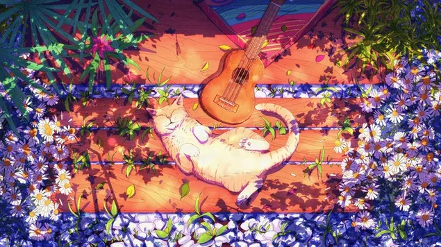Dibujo animado de fantasía de un lindo gato durmiendo cerca de margaritas y guitarra en un piso de madera