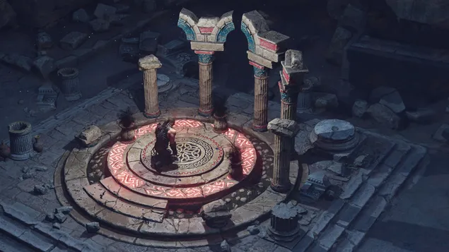 Die Figur des Videospiels Achilles: Legends Untold kniet in architektonischen Strukturen und Säulen.