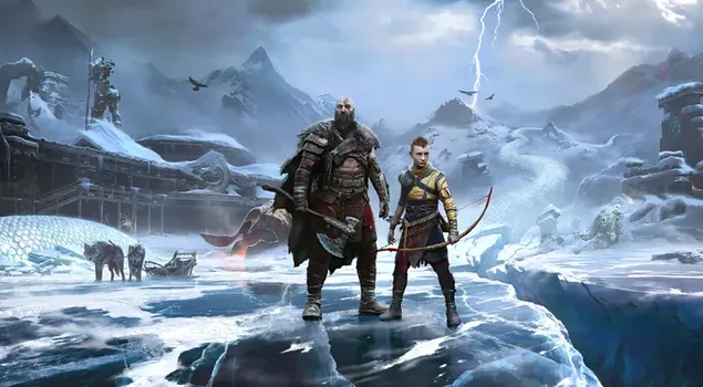 Die Helden der God of War-Videospielserie stehen mit Axt und Pfeil in der Hand auf Eis auf einem schneebedeckten Feld herunterladen