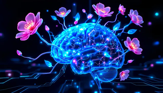 Digital hjerneblomstring: AI, natur og innovasjon 4K bakgrunn