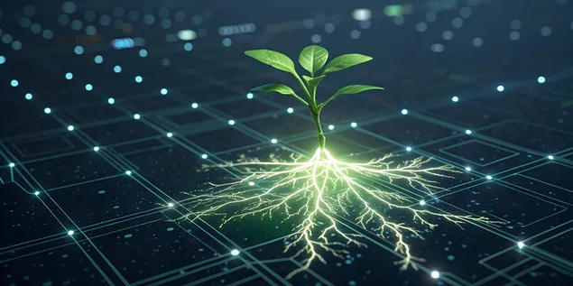 Creixement digital amb brot brillant i xarxa d'arrel lluminosa 4K fons de pantalla