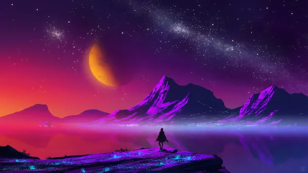 Digital painting art half moon snowy and colorful star landscape download